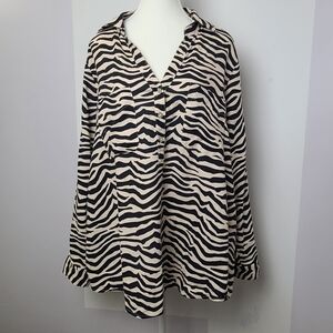 C by One v-neck zebra print linen-blend long sleeve blouse, sz 1X (PTP 25")
